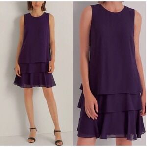 Ralph Lauren Dress Women's Size‎ 10 Navy Georgette Tiered Sleeveless Black Label